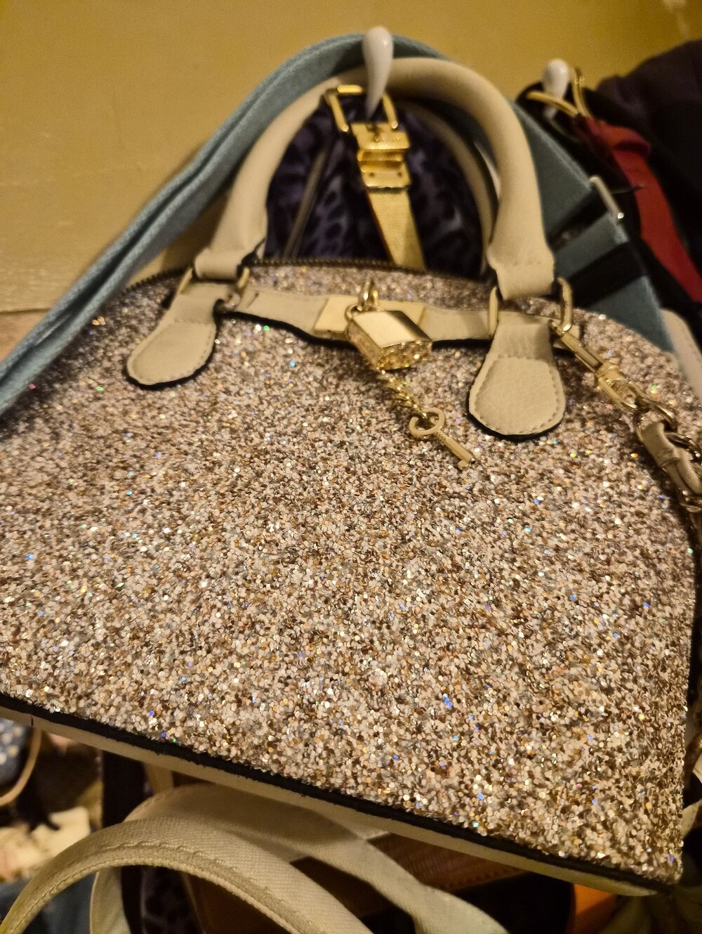 Sparkling Glitter Dome Satchel Handbag - Champagne Steve Madden
